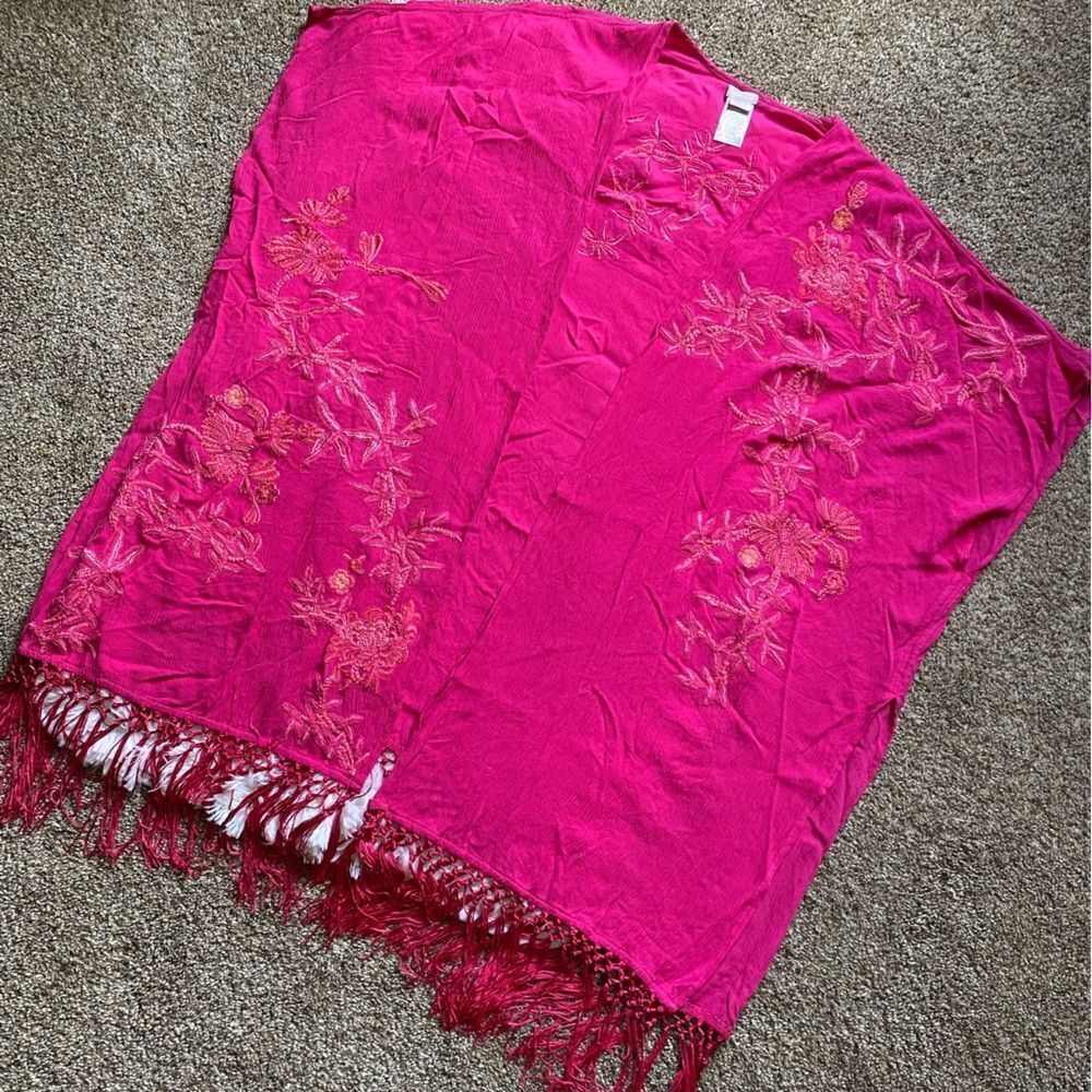 Chico’s Kimono Cardigan Summer Berry Floral Ariana Embroidered Open Front Fringe